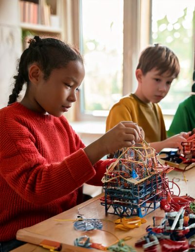 Firefly uk various ethnicities children in classroom concentrating with focus on junk modelling cons Firefly uk various ethnicities children in classroom concentrating with focus on junk modelling cons